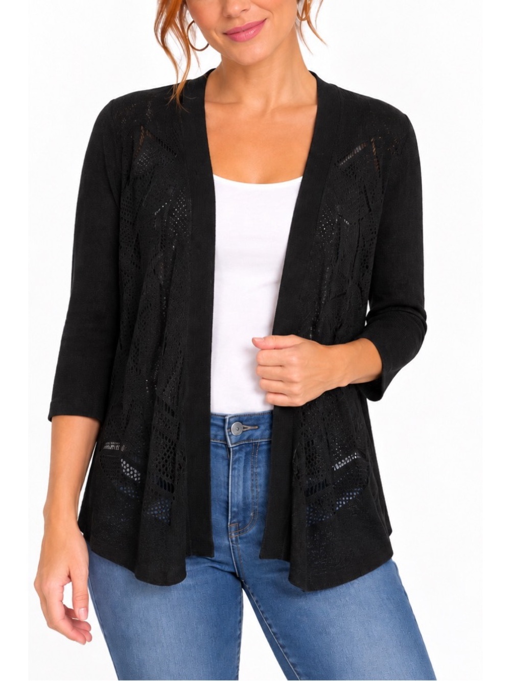 Roz & Ali  black 3/4-sleeve cardigan features a lightweight